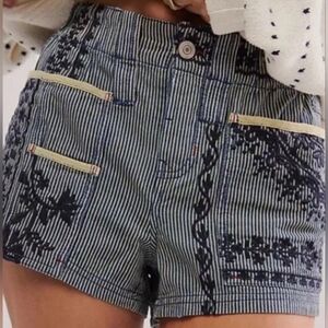 Free People Flower In My Pocket Embroidery Shorts Blue High Waistband Sz XS